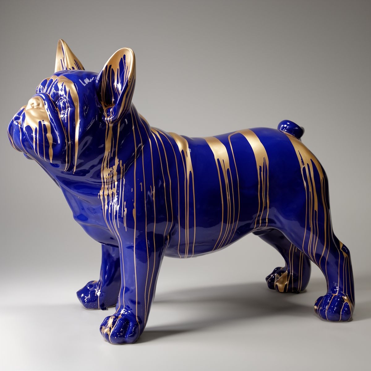 Large Decorative French Bulldog Juki Blue Gold Trash Figure