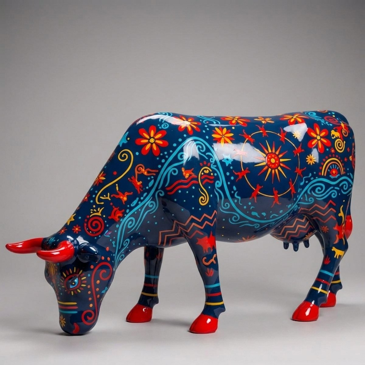 Artystyczna Figura Krowy Pasącej Się - Ciemny Ornament Folk