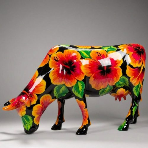 Artystycznie Malowana Figura Krowy Pasącej Się - Hibiskus